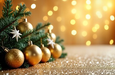 Golden Christmas ornaments, fir tree branches on glittery background. Festive decoration for...