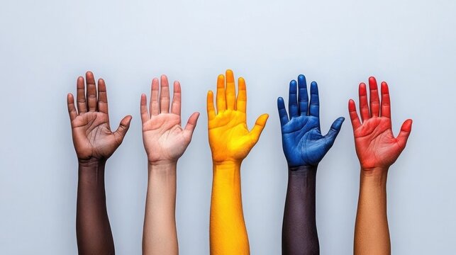 Unity in Diversity: Multi-Racial Group Celebrating with Raised Hands