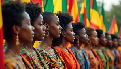 Diverse group stands united. Women in traditional African clothing. Colorful flags represent African nations. Black Awareness Day event. Powerful symbol of unity, cultural pride. Strong message of