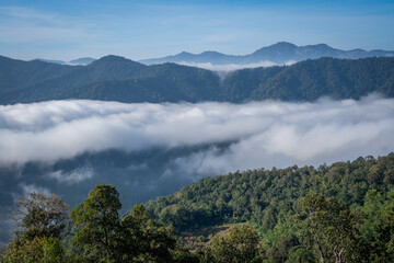 tourist come to see very beautiful fog lake in the morning on the mountain village mae taeng chiangmai thailand