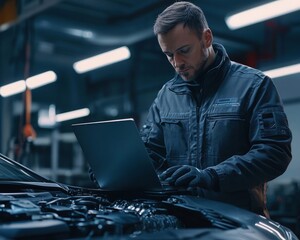 Mechanic using laptop to diagnose and calibrate engine of luxury car in garage workshop