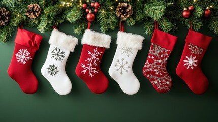 Six Christmas stockings with snowflakes hanging on a green wall.