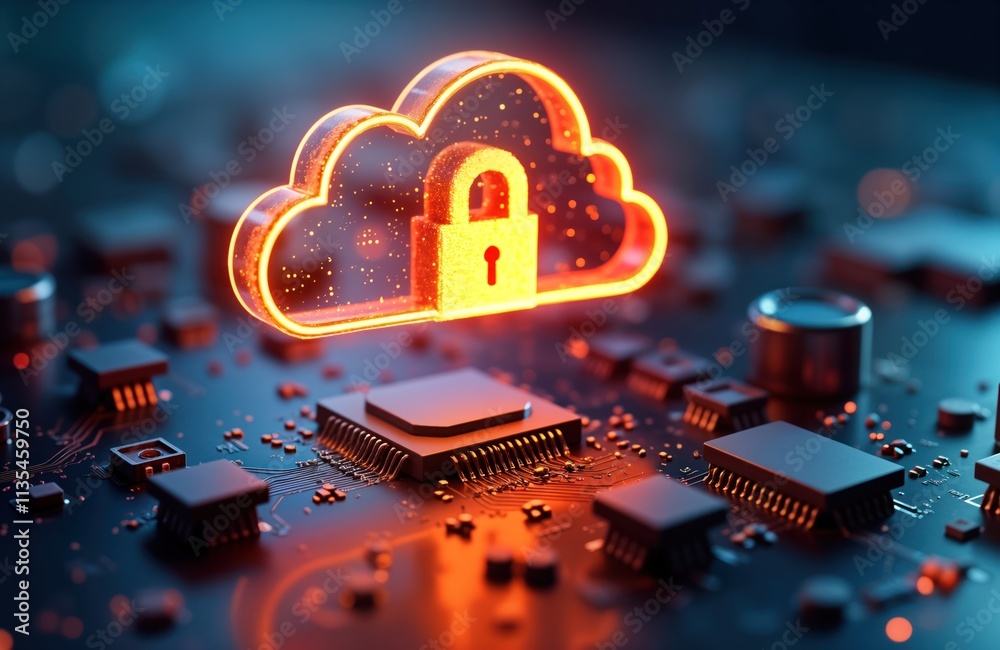 Poster Secure cloud computing system illustrated. Glowing cloud icon with padlock symbol floats above detailed motherboard. Futuristic tech concept. Advanced data protection. Innovative online network.