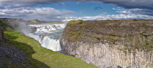 Gullfoss Falls, Golden Falls waterfall rainbow on the Hv&Atilde;&shy;t&Atilde;&iexcl; river, tourist attraction Golden Circle Route in Southwest Iceland, Scandinavia, Europe.

