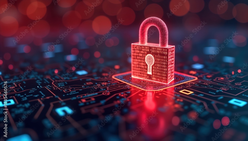 Poster Digital red alert padlock symbol. Binary data, circuit board. Tech illustration. Cybersecurity concept. Data protection. Encryption. Network security. Secure digital background. Warning. Hacking