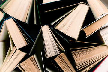 Naklejka premium Education, library or school concept. Many opened books abstract image. Top view