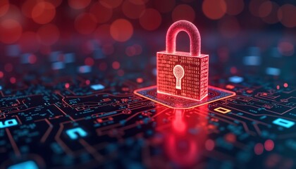 Digital red alert padlock symbol. Binary data, circuit board. Tech illustration. Cybersecurity concept. Data protection. Encryption. Network security. Secure digital background. Warning. Hacking