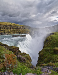 Gullfoss Falls, Golden Falls waterfall rainbow on the HvÃ­tÃ¡ river, tourist attraction Golden Circle Route in Southwest Iceland, Scandinavia, Europe.
