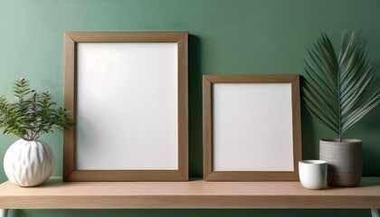 Two blank pictures frames mockup wall art posters on a green fresh wall with decorative items