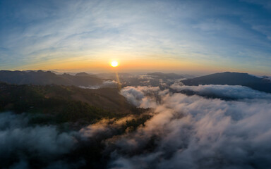 panorama view from drone show beautiful landscape lake of fog sunrise sunset twilight view mae taeng Chiangmai Thailand 