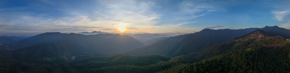 Obraz premium panorama view from drone show beautiful landscape lake of fog sunrise sunset twilight view mae taeng Chiangmai Thailand 