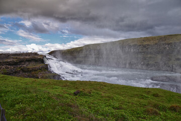 Gullfoss Falls, Golden Falls waterfall rainbow on the HvÃ­tÃ¡ river, tourist attraction Golden Circle Route in Southwest Iceland, Scandinavia, Europe.

