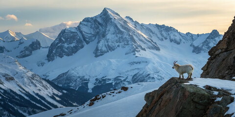 Naklejka premium Mountain goat on snowy peak overlooking majestic Alps