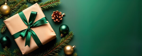 Christmas gift concept. Green gifts on dark green surface. Festive decor like pine cones, baubles. Sustainable Christmas sale items. Beige gift box with green ribbon. Good for email newsletter