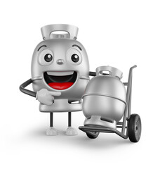 Naklejka premium Gas Cylinder Character with Hand Truck 3D Render with transparent background