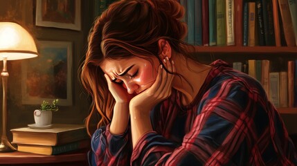 Woman Crying in Library Corner Under Warm Lamp Light