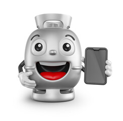 Gas Cylinder Character Holding Smartphone 3D Render
