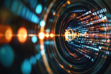 The fusion of technology and visual media represented by a camera lens capturing binary code