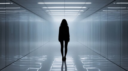 Fototapeta premium Woman in Hallway with Tears Under Fluorescent Lights