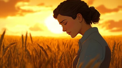Fototapeta premium Woman in Wheat Field at Sunset