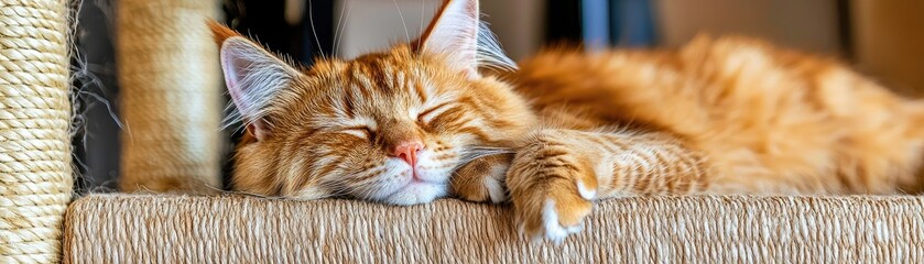 A cozy orange cat peacefully sleeps on a textured surface, showcasing its fluffy fur and relaxed demeanor.