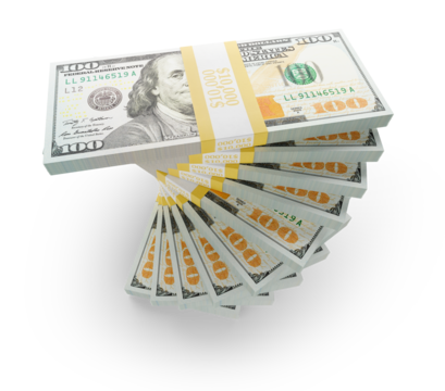 Spiral Stack of One Hundred Thousand Dollars of One Hundred Dollar Bills Isolated. Transparent PNG.