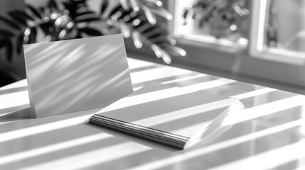 A minimalistic workspace featuring a blank card and a rolled-up sheet on a table with shadows.