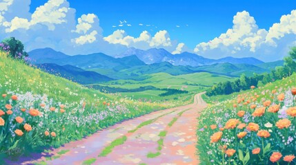 Scenic countryside road with blooming wildflowers in spring