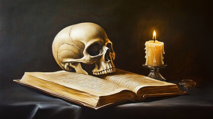 Skull atop an open book with candle lit.