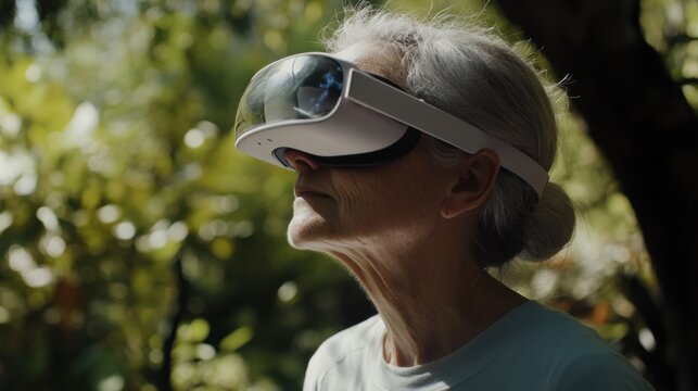 Senior woman engaging with virtual reality headset outdoors for social interaction and exploration