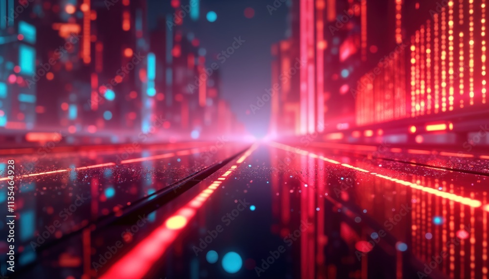 Leinwandbilder futuristic city street glows with vibrant neon light. data streams flow through urban landscape. abs
