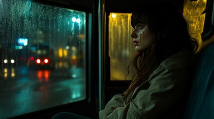 Woman Sitting Alone on a Bus with Tears in Her Eyes