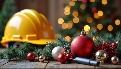 Christmas decorations, construction tools placed on wooden table. Yellow hard hat sits near Christmas tree branches, ornaments. Red, silver Christmas balls among decorations. Festive season in