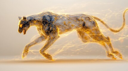 Fluid Power: Golden Black Panther Galloping with Energy and Speed amidst Abstract Splashes