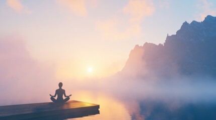 Tranquil meditation by a misty lakeside at sunrise for mindfulness and relaxation
