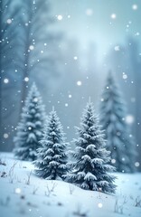 Snowy winter scene shows snow covered trees in forest. Soft light creates serene, tranquil atmosphere. Light blue sky with falling snow adds to magical, peaceful ambiance. Festive winter landscape