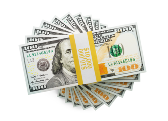 Overhead Spiral Stack of One Hundred Thousand Dollars of One Hundred Dollar Bills Isolated. Transparent PNG.