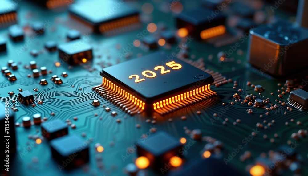 Poster Close-up intricate circuit board glowing with orange light. Chipset shows 2025, tech advancement. Modern integrated circuit. Complex layout of electronic components, emphasizing future tech. Advanced