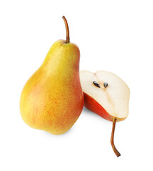 Whole and cut ripe pears isolated on white