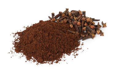 Pile of clove powder and dried buds on white background. Aromatic spice