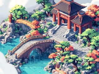 Obraz premium Pixel Art Asian Garden. Concept of Tranquility, Zen, and Asian Architecture.