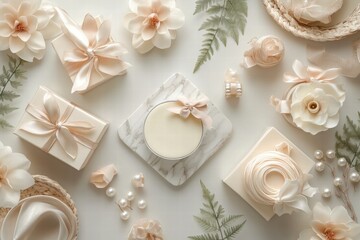 Elegant Flat Lay with Cream Gifts, Flowers, and Accessories