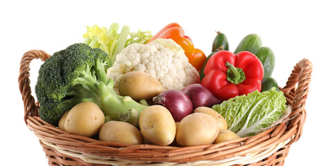 Different ripe vegetables in basket isolated on white