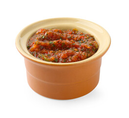 Tasty salsa sauce in bowl isolated on white