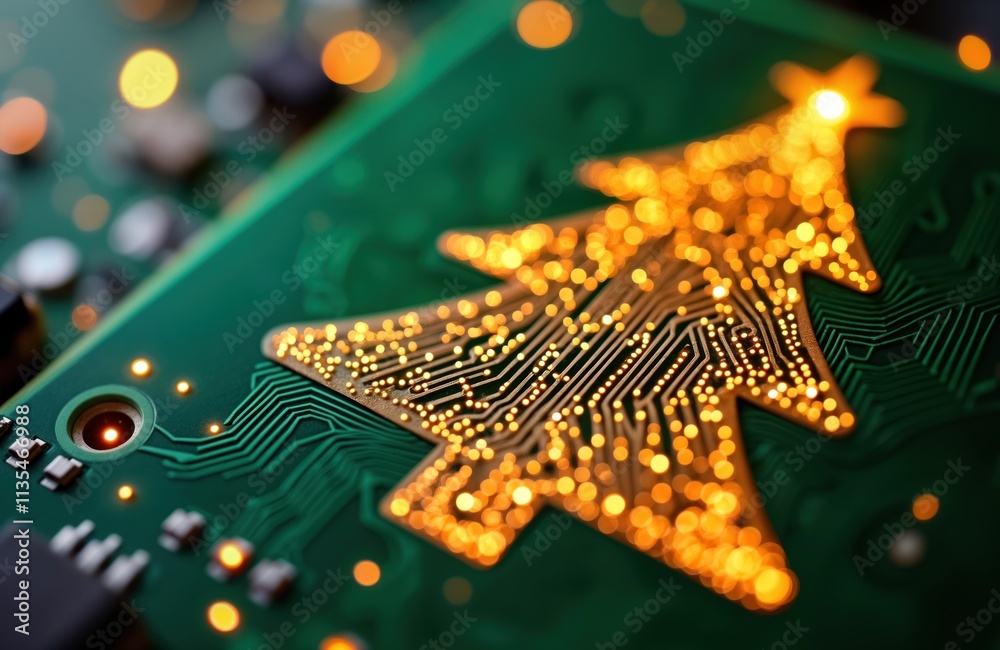 Poster Closeup tech detail shows circuit board. Christmas tree shape formed by glowing golden components. Digital festive design. Electronic decoration for holiday season. Modern innovation in tech. Festive