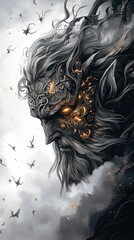 A mystical figure with a detailed, ornate face and glowing eyes, surrounded by dark clouds and birds.