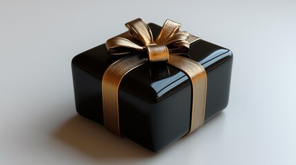 Elegant Black Gift Box with Golden Ribbon on a Minimalist Solid Background