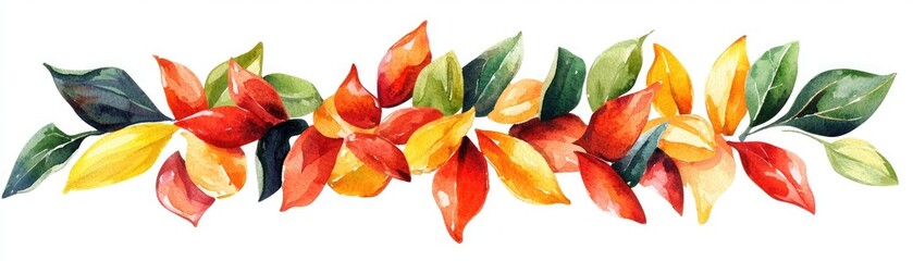 Fototapeta premium A vibrant watercolor illustration of colorful autumn leaves in shades of red, orange, yellow, and green, arranged in a flowing design.