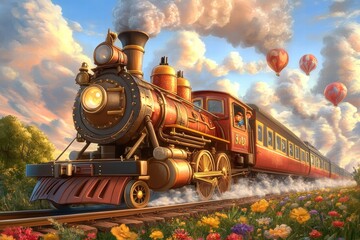 Naklejka premium Vintage Steam Train Journey Through Flower Field at Sunset