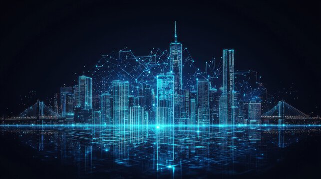 futuristic digital cityscape with glowing blue lights, network connections, and modern urban skyline